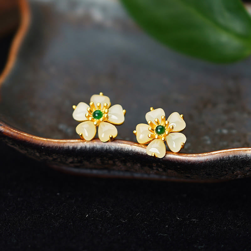 Pendientes de plata de ley 925 con piedras de Buda, jade hetiano, calcedonia verde y flor de durazno.