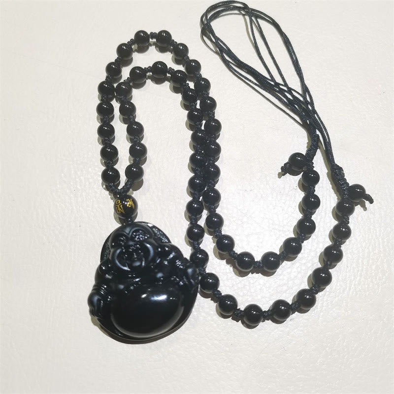 Colgante de purificación de Buda sonriente con obsidiana negra natural y obsidiana de hielo