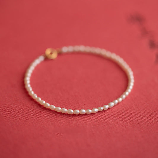 Buddha Stones 2mm Natural Pearl Ultra-thin Beads 14k Gold Plated Copper Wisdom Bracelet