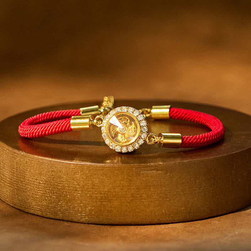 Pulsera trenzada con piedras de Buda, hilo rojo, cobre y latón, con molino de viento giratorio, protección Qi Feng Sheng Shui