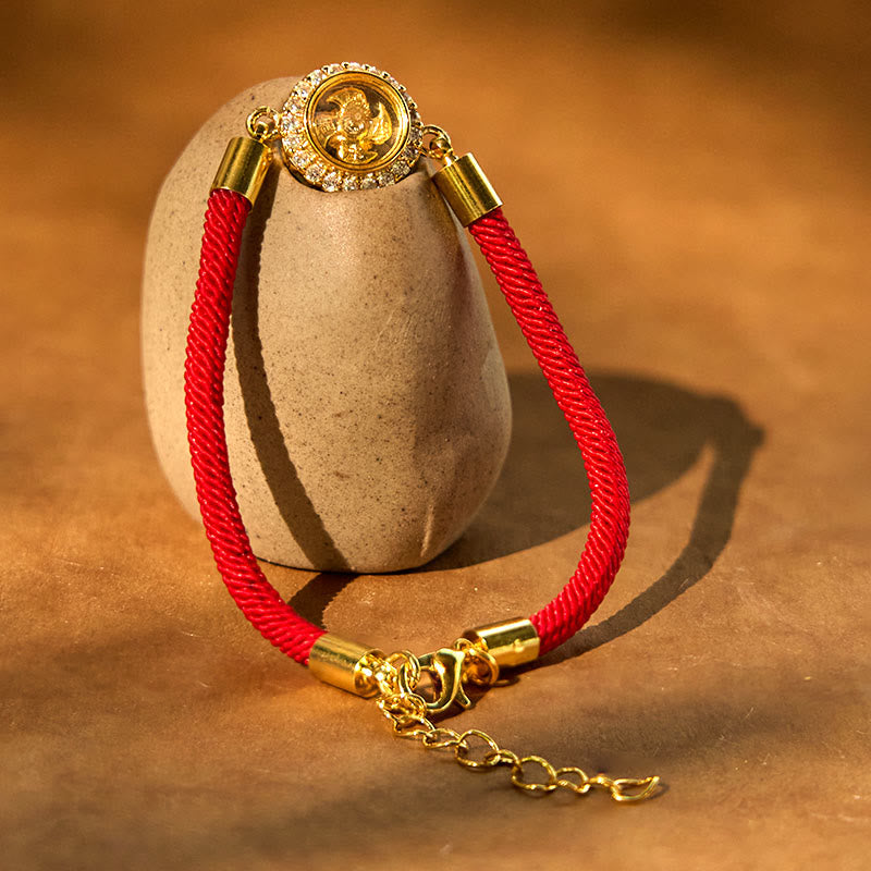 Pulsera trenzada con piedras de Buda, hilo rojo, cobre y latón, con molino de viento giratorio, protección Qi Feng Sheng Shui