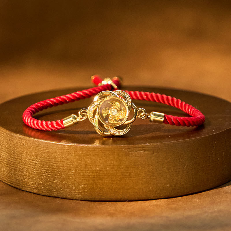Buddha-Steine, drehbar, pflaumenrot, Schnur, Kupfer, Messing, Windmühle, Feng Sheng Shui, Qi-Schutz, geflochtenes Armband