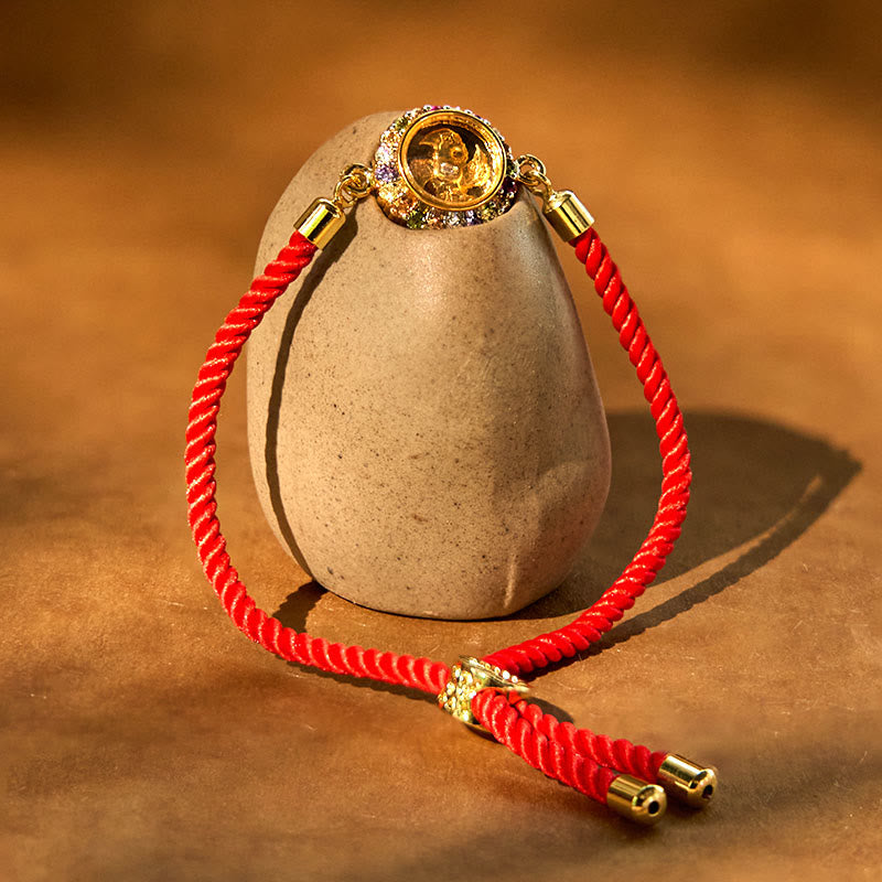 Pulsera trenzada de hilo rojo con piedras de Buda, color cobre y latón, con molino de viento giratorio, Feng Sheng Shui, Qi Fu