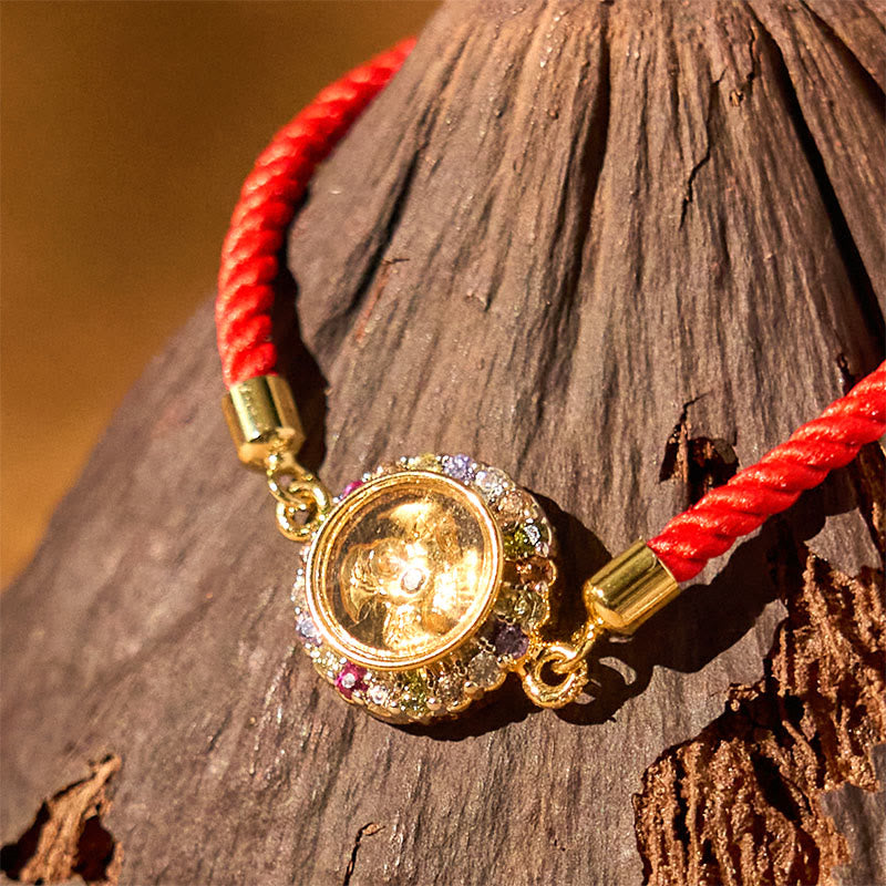 Pulsera trenzada de hilo rojo con piedras de Buda, color cobre y latón, con molino de viento giratorio, Feng Sheng Shui, Qi Fu
