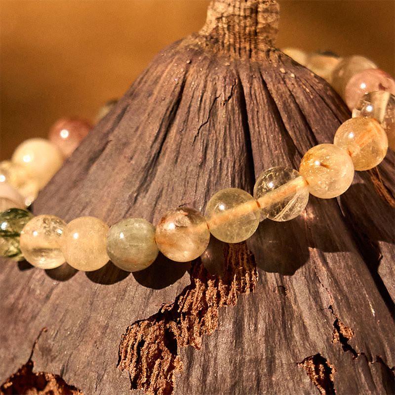Pulsera de crecimiento espiritual de cuarzo rutilado multicolor natural con piedras de Buda
