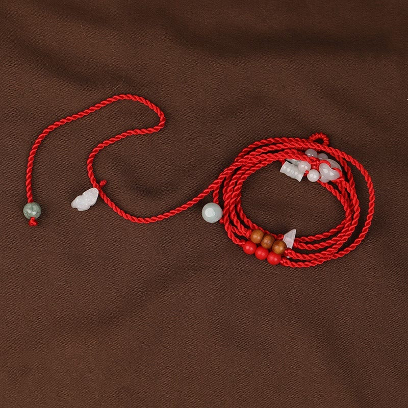 Cadena para el vientre de hilo rojo con bendición de madera de melocotón y piedras de Buda del zodíaco chino