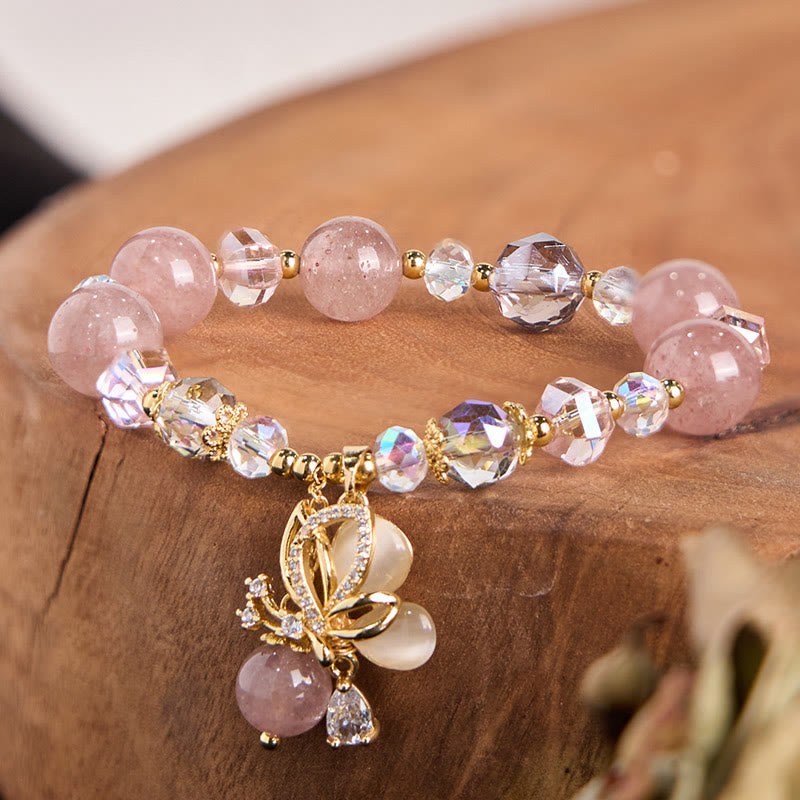 Pulsera curativa de mariposa de cuarzo fresa natural Buddha Stones