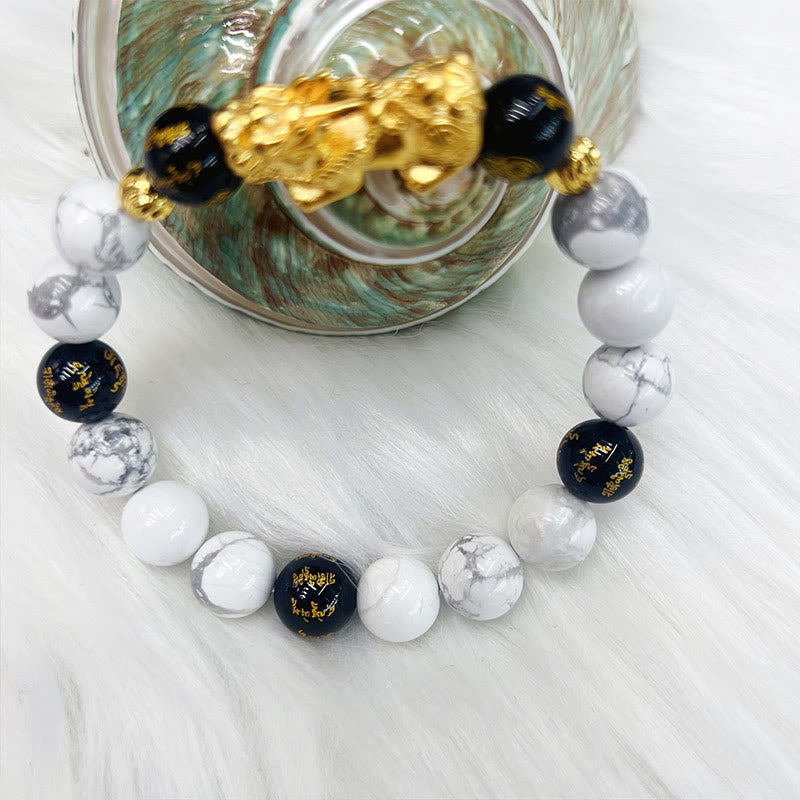 Pulsera de bendición con cuentas de Pixiu de ónix negro y turquesa blanca vintage de Buda