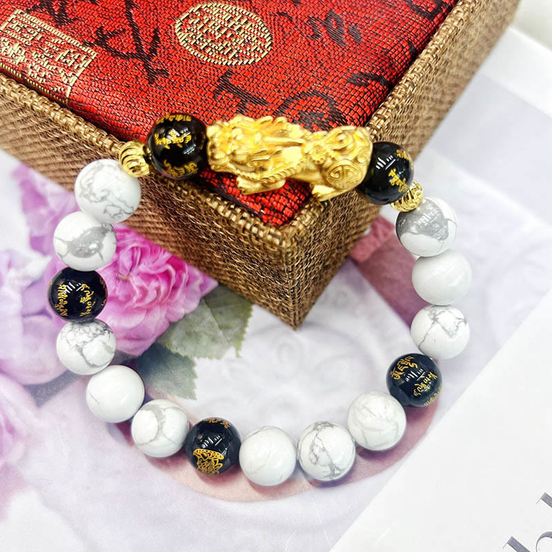 Pulsera de bendición con cuentas de Pixiu de ónix negro y turquesa blanca vintage de Buda