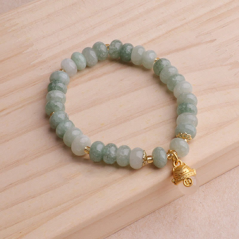 Pulsera curativa con cuentas de gato de la suerte de jade cian y cuarzo fresa de Buda