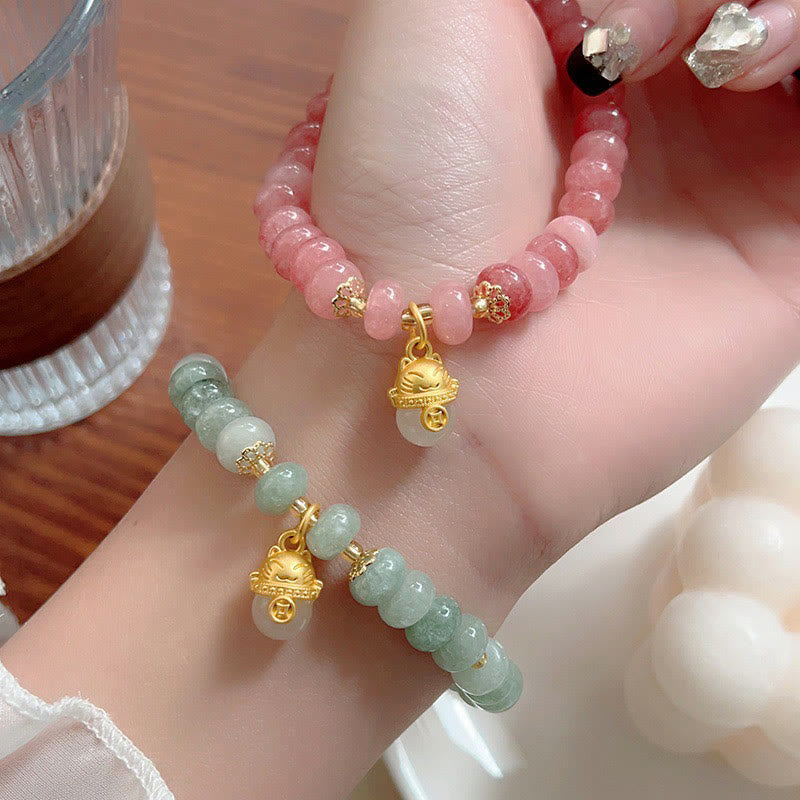 Pulsera curativa con cuentas de gato de la suerte de jade cian y cuarzo fresa de Buda