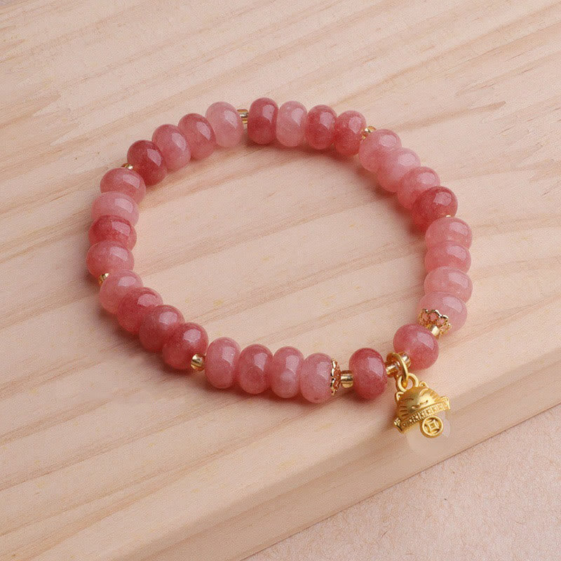 Pulsera curativa con cuentas de gato de la suerte de jade cian y cuarzo fresa de Buda