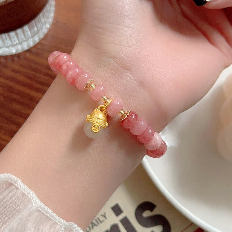 Pulsera curativa con cuentas de gato de la suerte de jade cian y cuarzo fresa de Buda