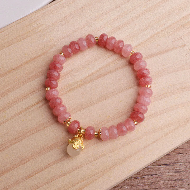 Pulsera curativa con cuentas de gato de la suerte de jade cian y cuarzo fresa de Buda