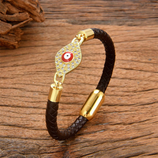 Buddha Stones Evil Eye Protection Leather Metal Buckle Bracelet