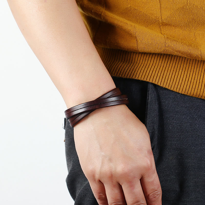 Pulsera vintage de cuero multicapa con hebilla resistente y piedras de Buda