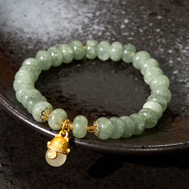 Pulsera curativa con cuentas de gato de la suerte de jade cian y cuarzo fresa de Buda