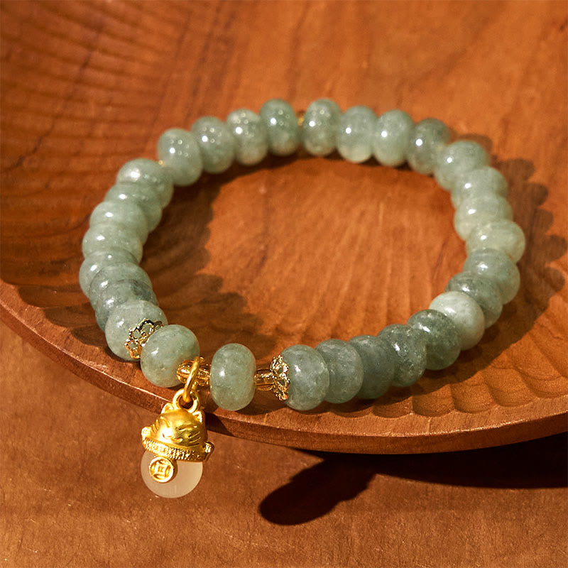 Pulsera curativa con cuentas de gato de la suerte de jade cian y cuarzo fresa de Buda