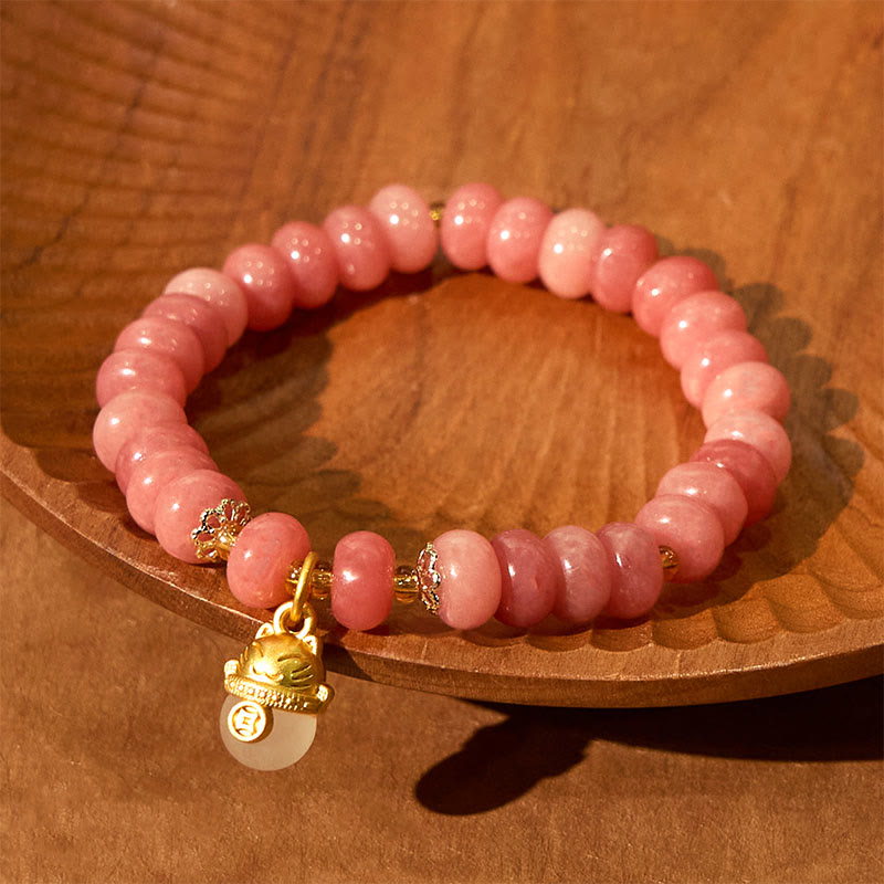 Pulsera curativa con cuentas de gato de la suerte de jade cian y cuarzo fresa de Buda