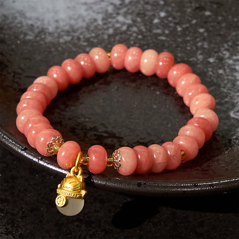 Pulsera curativa con cuentas de gato de la suerte de jade cian y cuarzo fresa de Buda