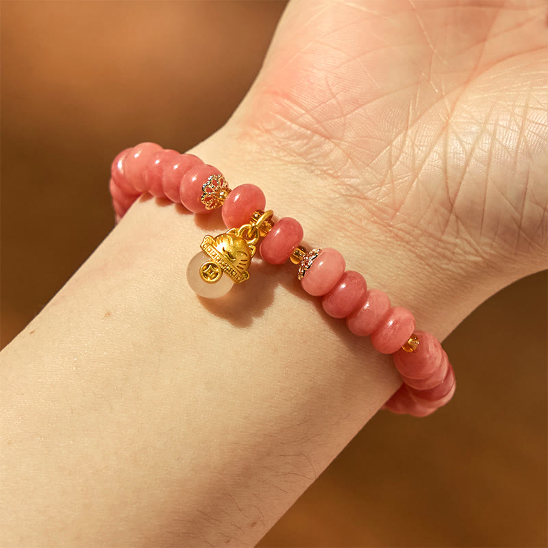Pulsera curativa con cuentas de gato de la suerte de jade cian y cuarzo fresa de Buda