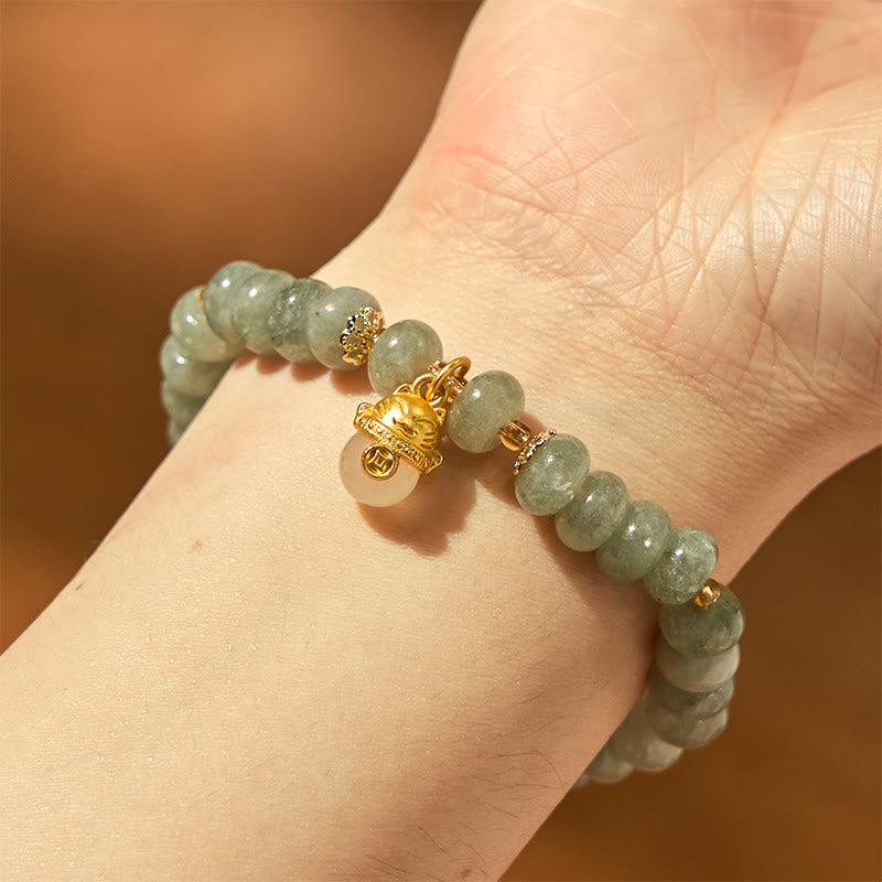 Pulsera curativa con cuentas de gato de la suerte de jade cian y cuarzo fresa de Buda