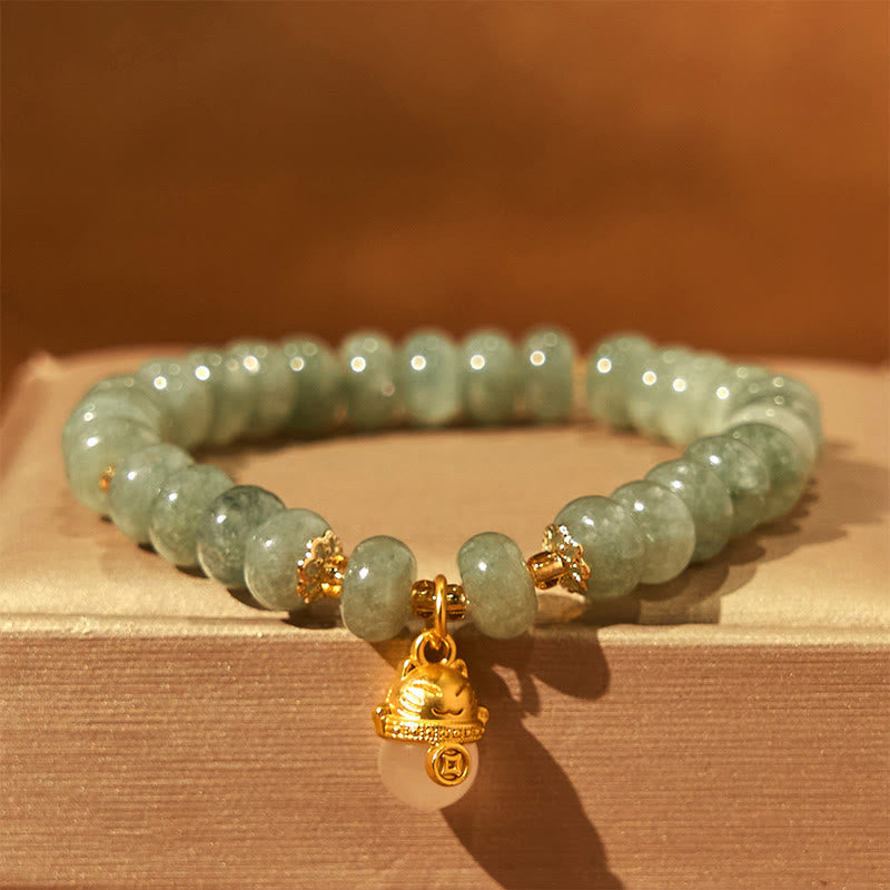 Pulsera curativa con cuentas de gato de la suerte de jade cian y cuarzo fresa de Buda