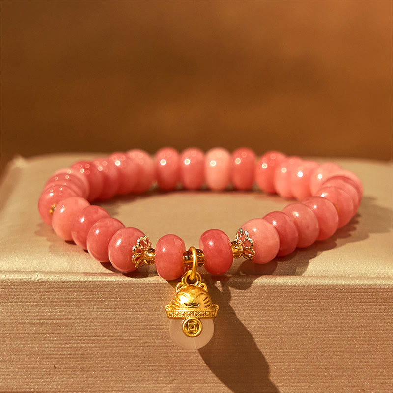 Pulsera curativa con cuentas de gato de la suerte de jade cian y cuarzo fresa de Buda