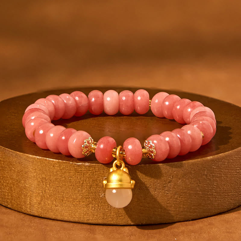 Pulsera curativa con cuentas de gato de la suerte de jade cian y cuarzo fresa de Buda