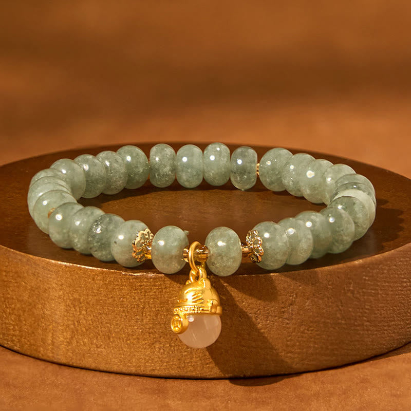 Pulsera curativa con cuentas de gato de la suerte de jade cian y cuarzo fresa de Buda