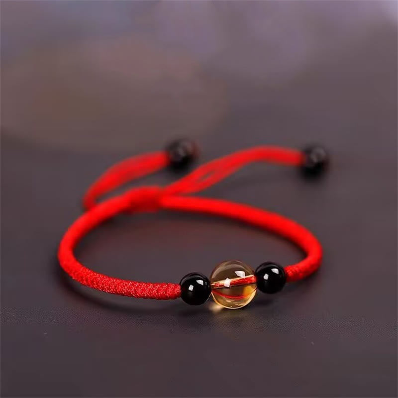 Buddha Stones Handgefertigtes Citrin- und Obsidianperlen-Armband mit King-Kong-Knoten, Friedensknoten, Glücksseil