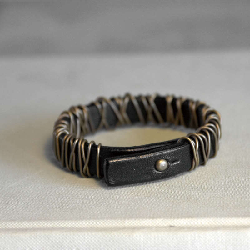 Pulsera de equilibrio con piedras de Buda, cuero vintage, cobre, latón y alambre enrollado