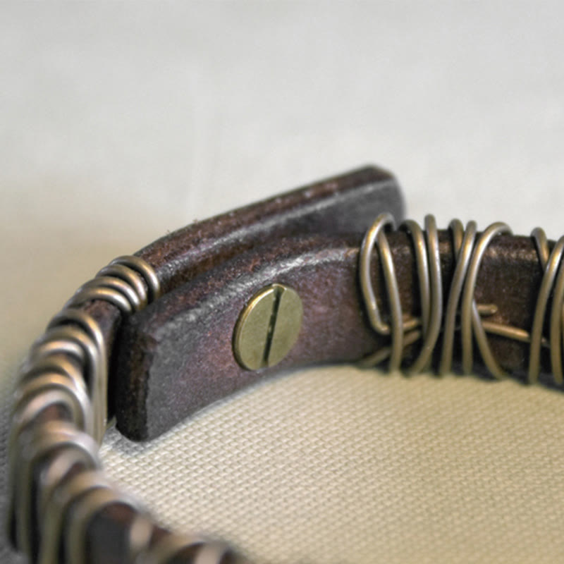 Pulsera de equilibrio con piedras de Buda, cuero vintage, cobre, latón y alambre enrollado