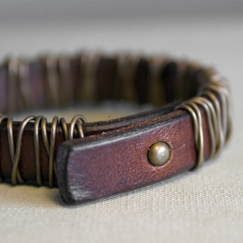 Pulsera de equilibrio con piedras de Buda, cuero vintage, cobre, latón y alambre enrollado