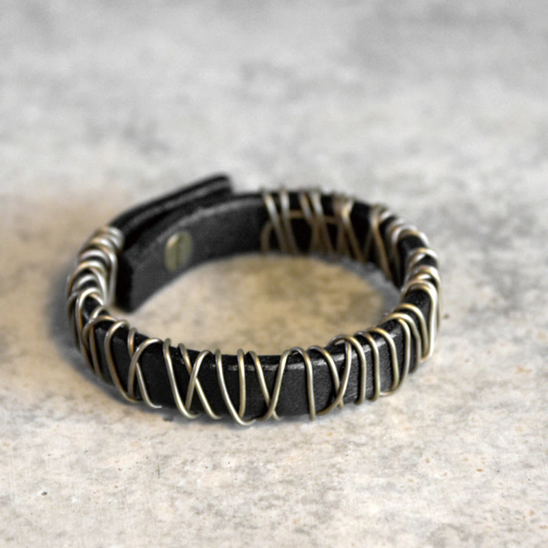Pulsera de equilibrio con piedras de Buda, cuero vintage, cobre, latón y alambre enrollado