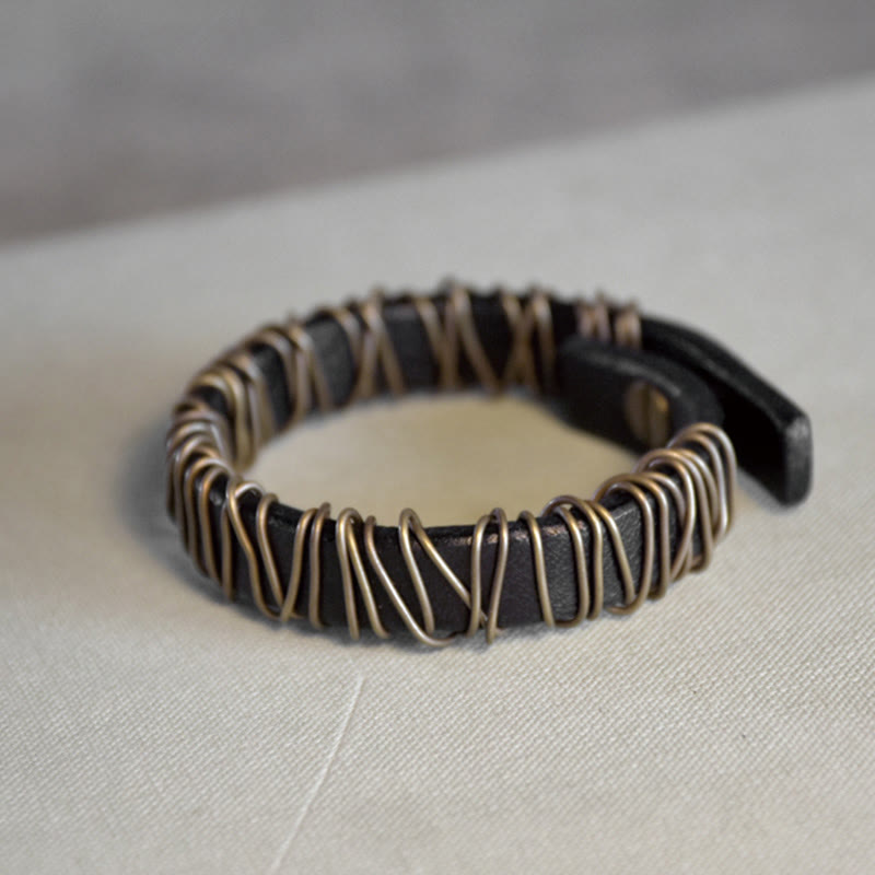 Pulsera de equilibrio con piedras de Buda, cuero vintage, cobre, latón y alambre enrollado