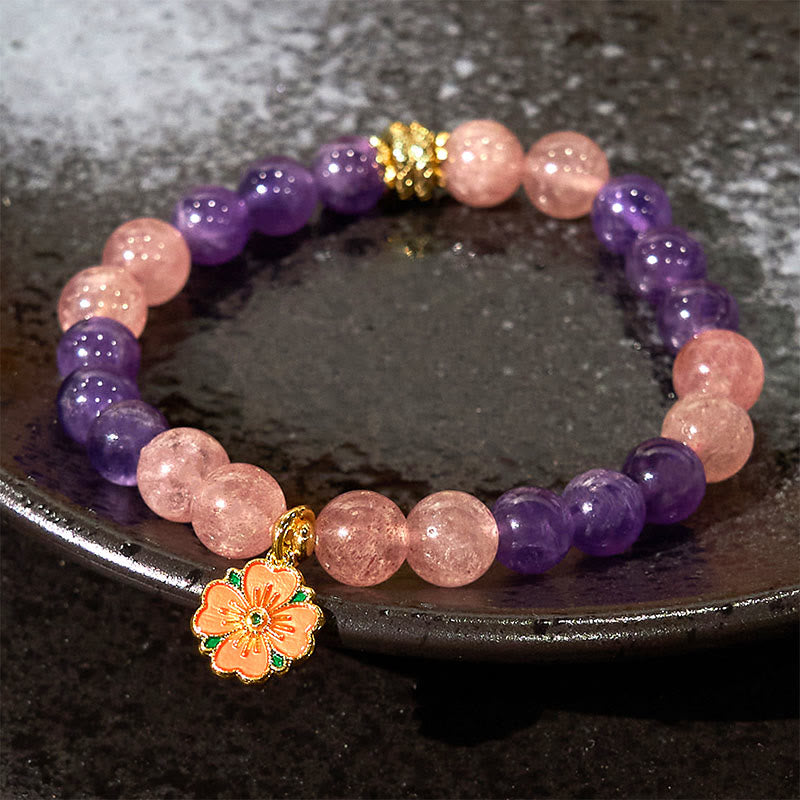 Pulsera curativa con dije de flor de cuarzo fresa y amatista del Año de la Serpiente de Buda