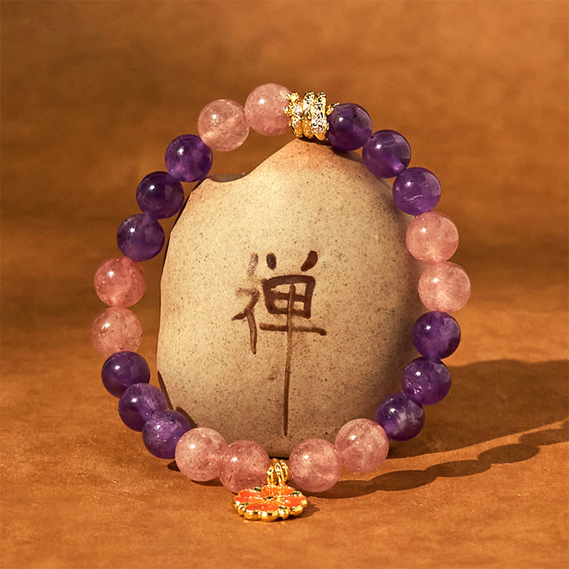 Pulsera curativa con dije de flor de cuarzo fresa y amatista del Año de la Serpiente de Buda