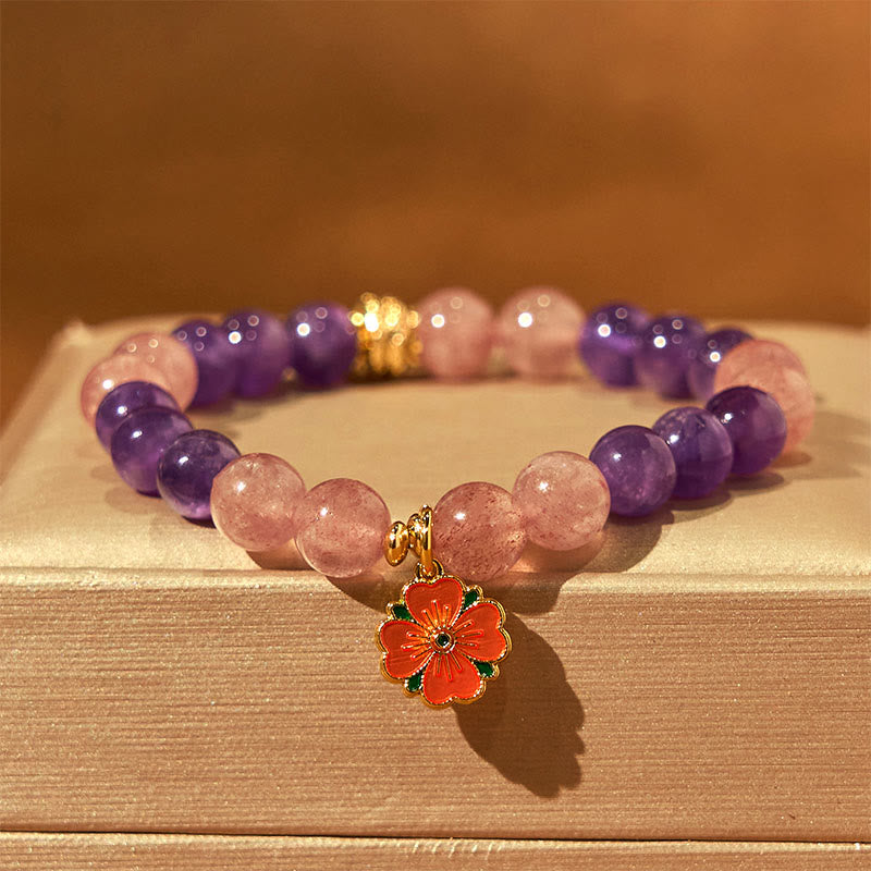 Pulsera curativa con dije de flor de cuarzo fresa y amatista del Año de la Serpiente de Buda