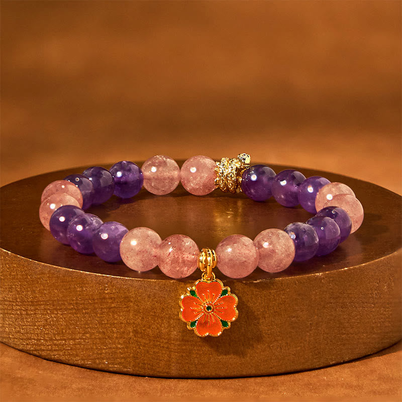Pulsera curativa con dije de flor de cuarzo fresa y amatista del Año de la Serpiente de Buda