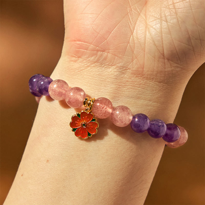 Pulsera curativa con dije de flor de cuarzo fresa y amatista del Año de la Serpiente de Buda