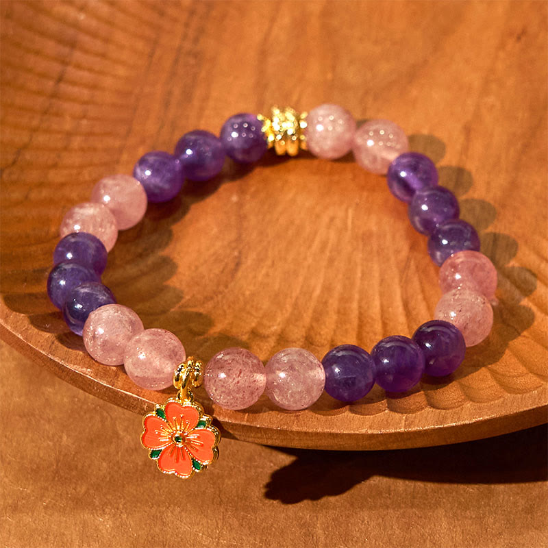 Pulsera curativa con dije de flor de cuarzo fresa y amatista del Año de la Serpiente de Buda