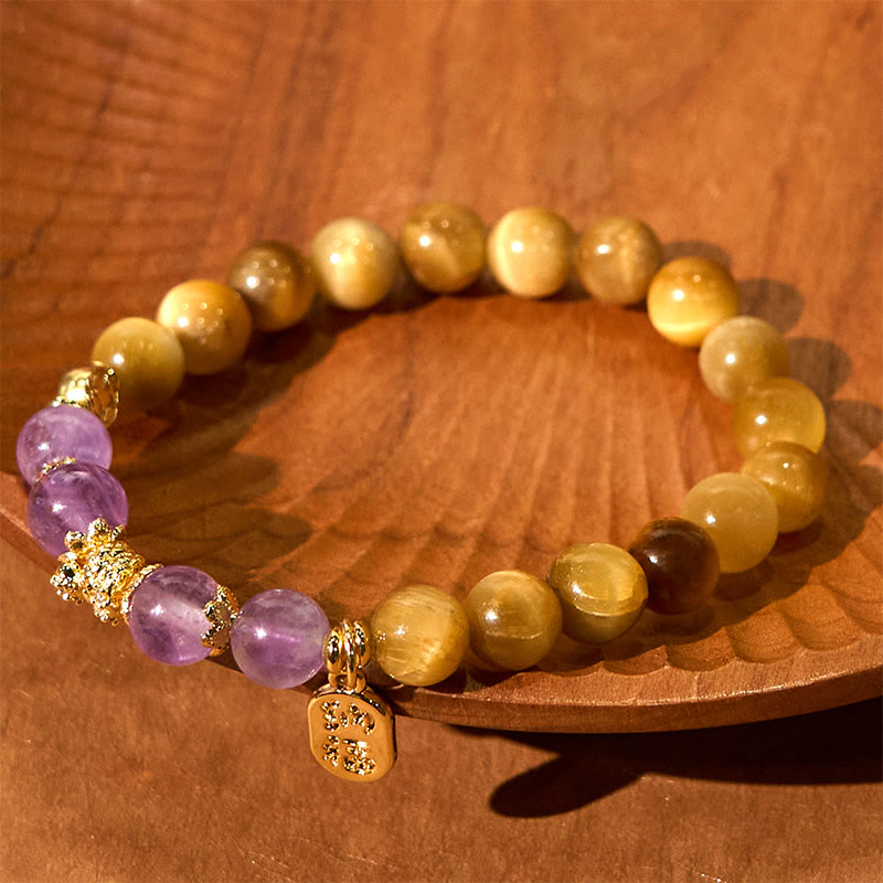 Buddha Stones Jahr der Schlange Tigerauge Amethyst Fu Charakter Stärke Armband