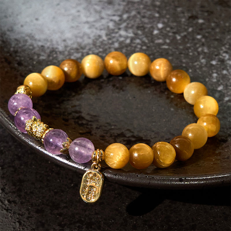 Buddha Stones Jahr der Schlange Tigerauge Amethyst Fu Charakter Stärke Armband