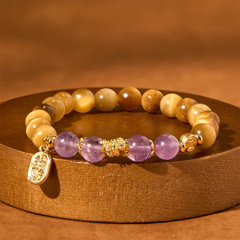 Buddha Stones Jahr der Schlange Tigerauge Amethyst Fu Charakter Stärke Armband