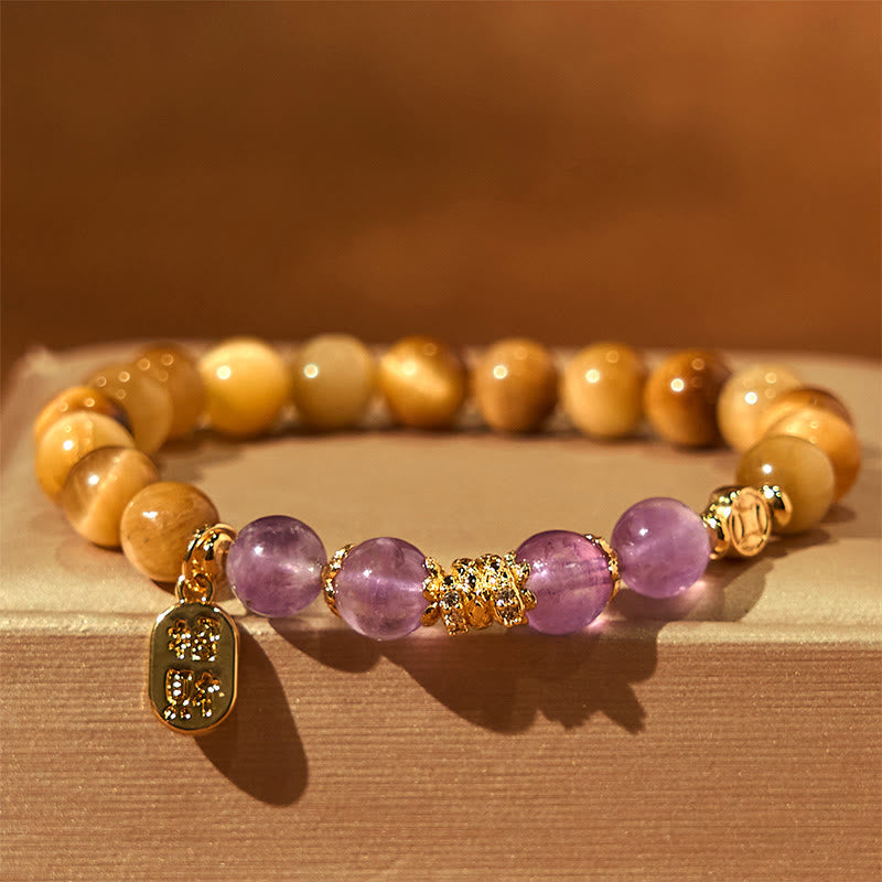 Buddha Stones Jahr der Schlange Tigerauge Amethyst Fu Charakter Stärke Armband