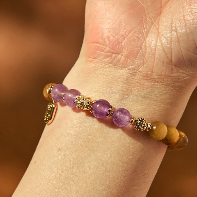 Buddha Stones Jahr der Schlange Tigerauge Amethyst Fu Charakter Stärke Armband