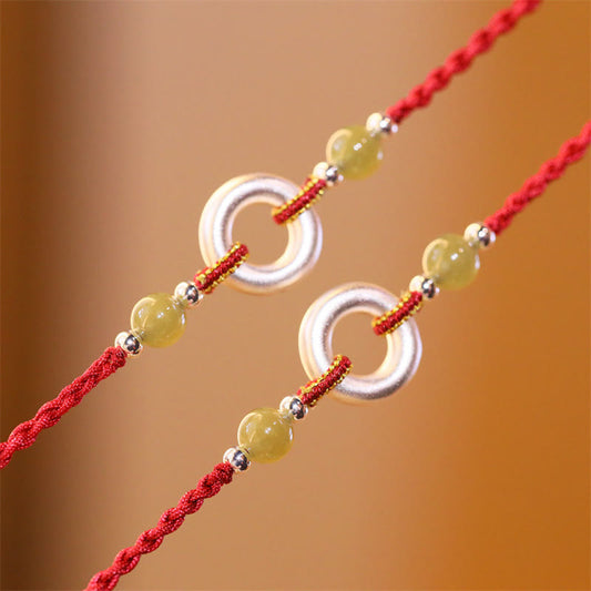 Buddha Stones 999 Sterling Silver Peace Buckle Hetian Jade Handmade Luck Red Rope Bracelet