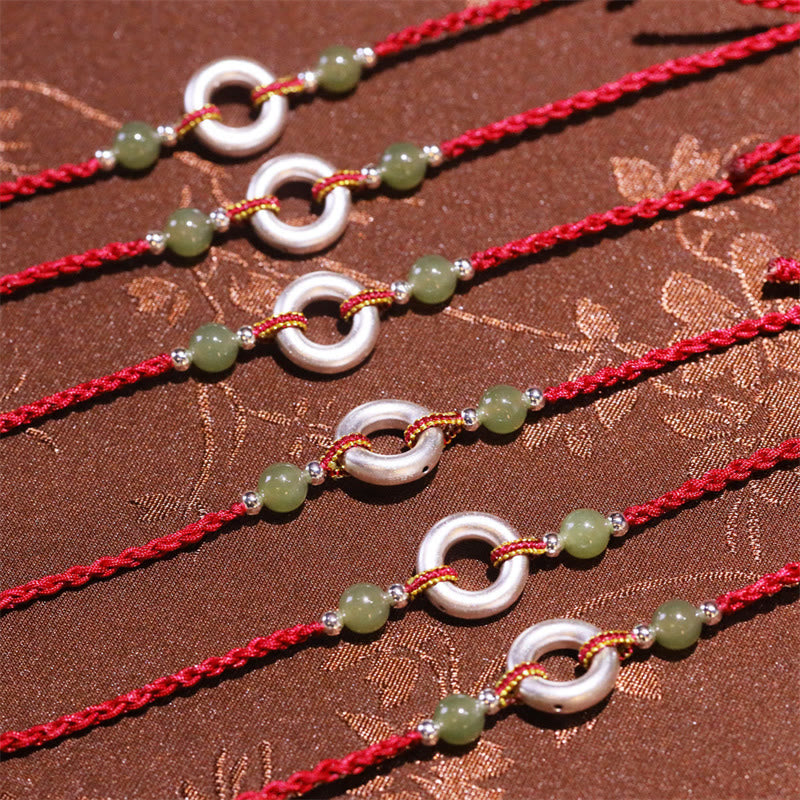 Buddha Stones 999 Sterling Silber Peace Buckle Hetian Jade Handmade Luck Red Rope Armband