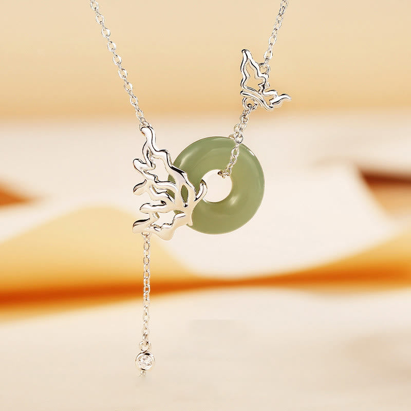 Collar con colgante de mariposa y hebilla de paz de jade hetiano natural de plata de ley 925 con piedras de Buda